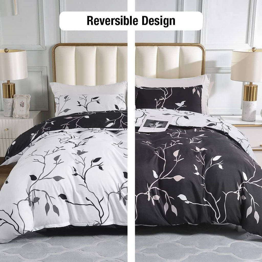 Conworld Reversible Duvet Cover Queen, White Black Tree Branch Pattern Queen Duvet Cover Set 3pc Soft Microfiber Breathable Botanical Bedding Sets with Zipper Ties