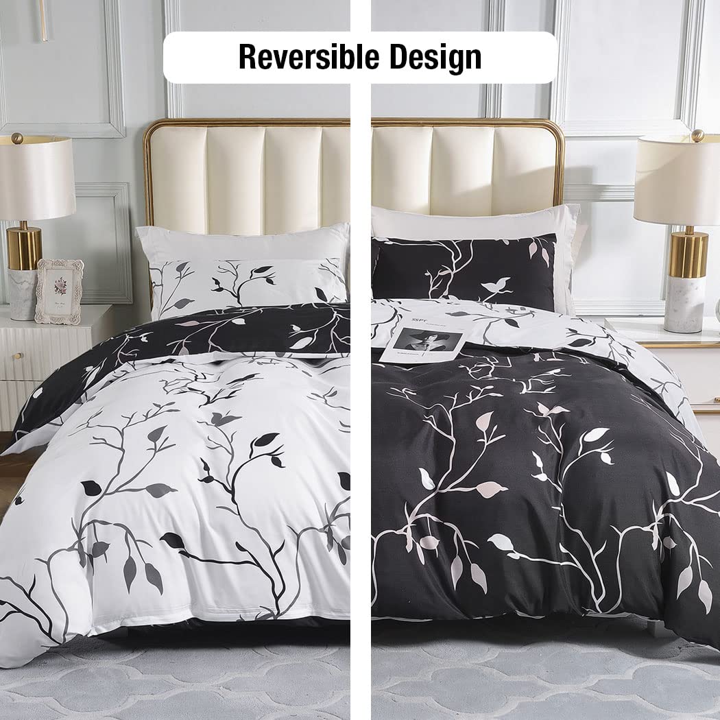 Conworld Reversible Duvet Cover Queen, White Black Tree Branch Pattern Queen Duvet Cover Set 3pc Soft Microfiber Breathable Botanical Bedding Sets with Zipper Ties