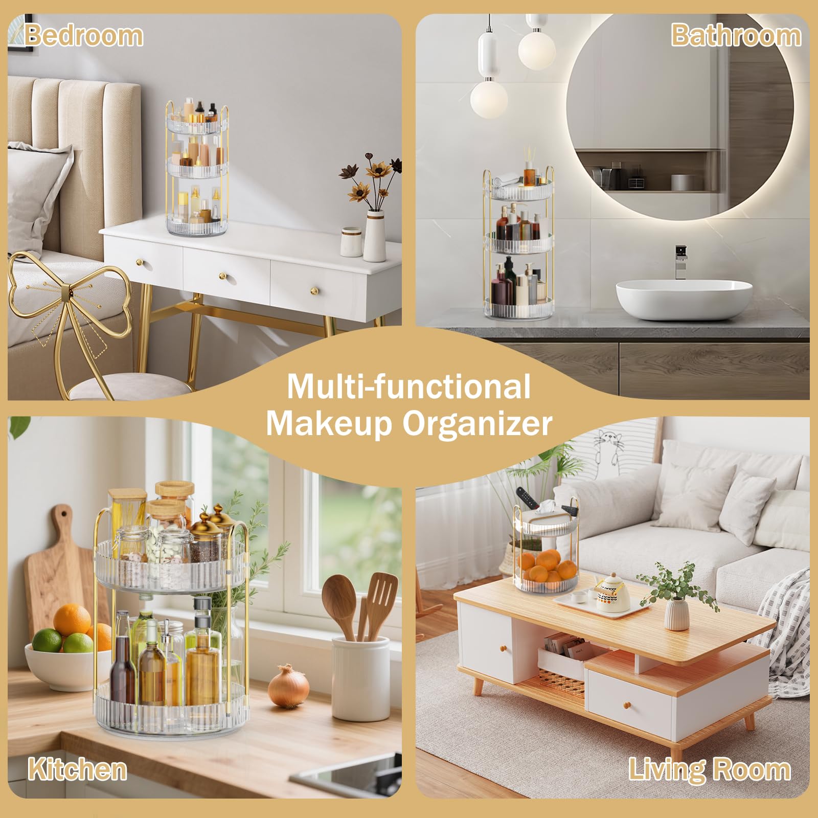 Mokani 360 Rotating Makeup Organizer, 3 Tiers Perfume Organizer, Large Capacity Cosmetic Skincare Storage, Multi-Function Perfume Stand for Vanity, Bathroom and Bedroom, Clear