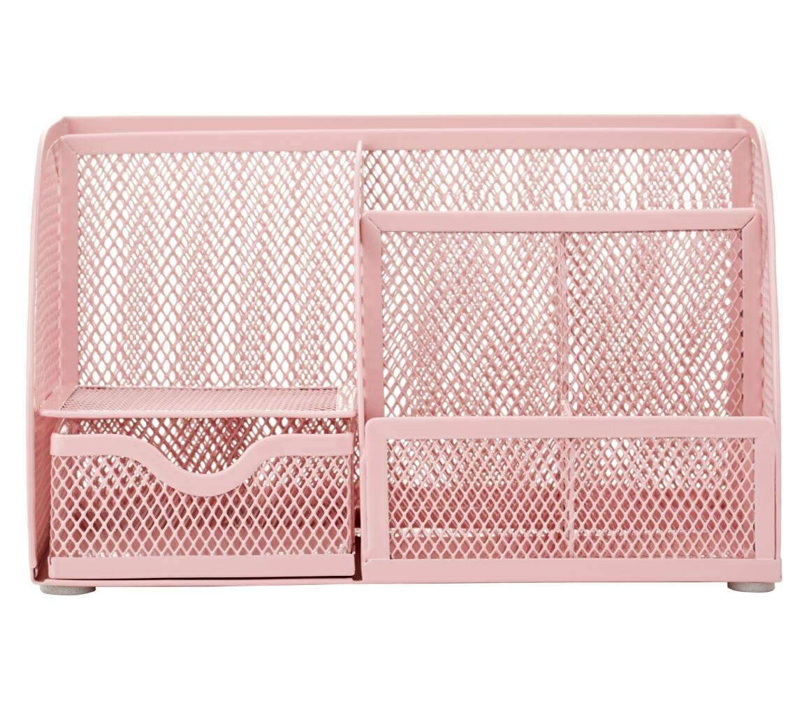 Annova Mesh Desk Organizer Office with 7 Compartments + Drawer/Desk Tidy Candy/Pen Holder/Multifunctional Organizer (Light Pink)