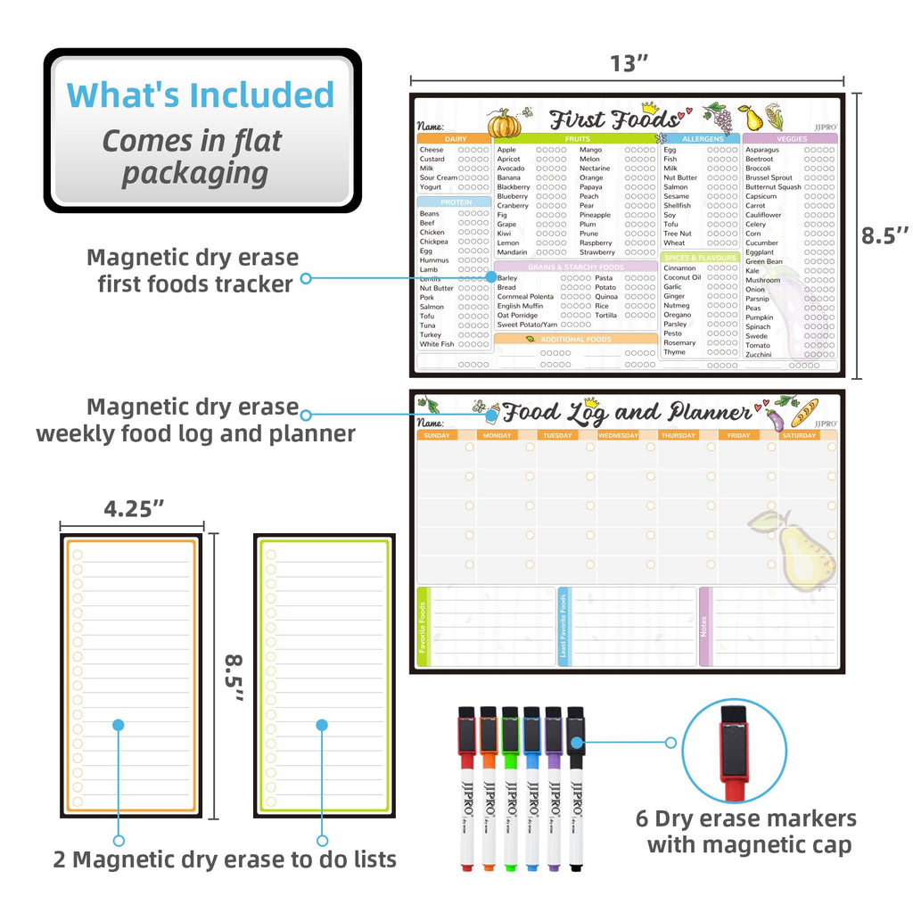 JJPRO Baby First Foods Tracker Fridge Magnet, Daily Food Log Meal Planner, 100 Foods Before 1 Checklist, Baby Daily Log Whiteboard, First Food Tracker for Refrigerator
