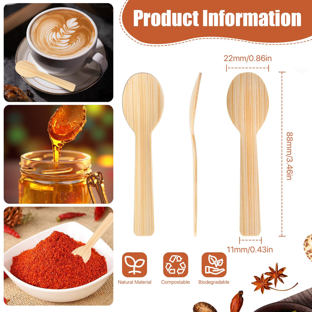 Worldity 200 Pcs 3.46" Small Bamboo Spoons, Ice Cream Spoons, Biodegradable Spoons for Eating, Disposable Spoons for Jelly Pudding Yogurt Dessert Cake