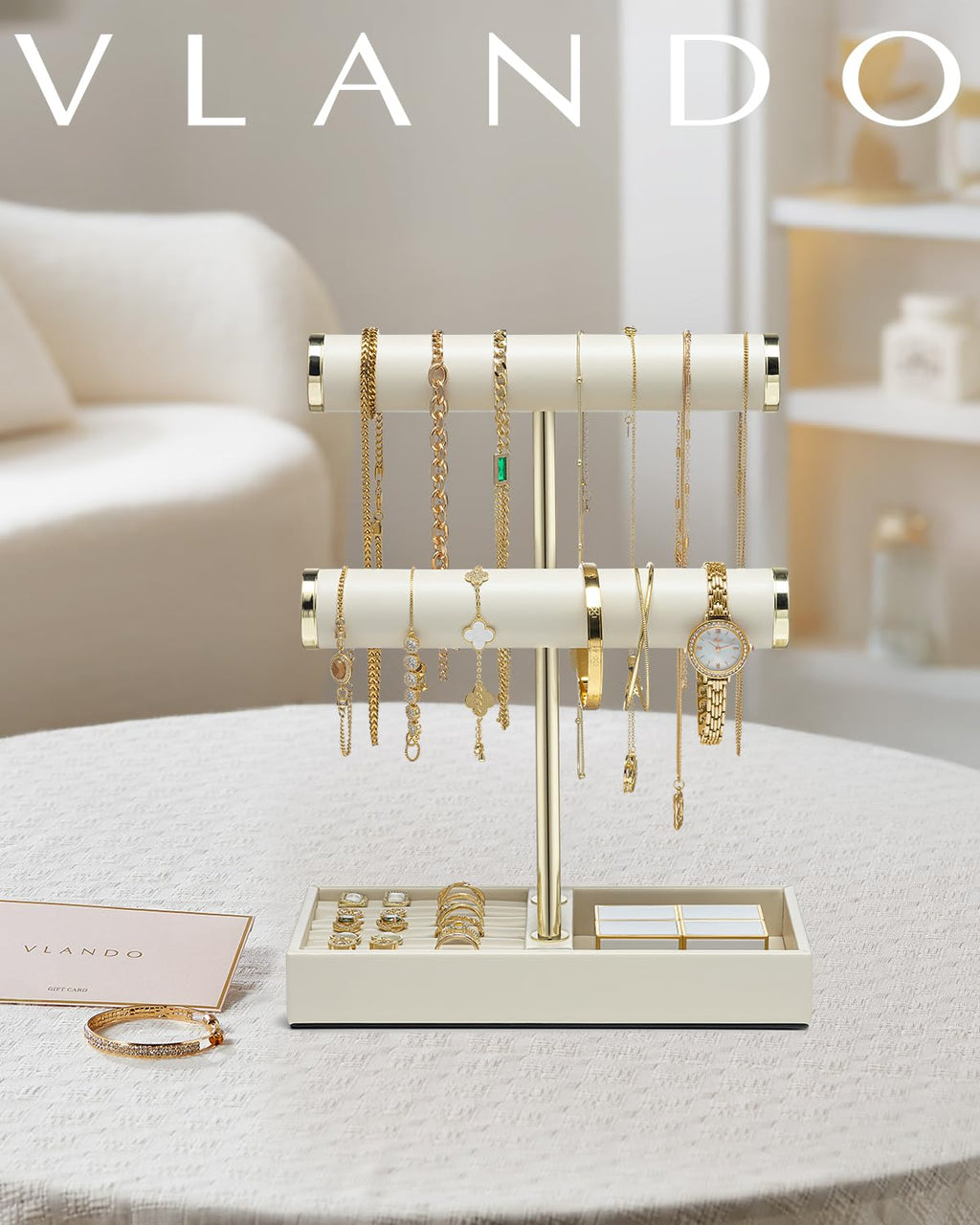 Vlando 2 Tier Bracelet Holder Display,Jewelry Stand Organizer with Ring Holder Tray,Jewelry Holder for Bracelet, Necklace, Watches, Rings,Beige