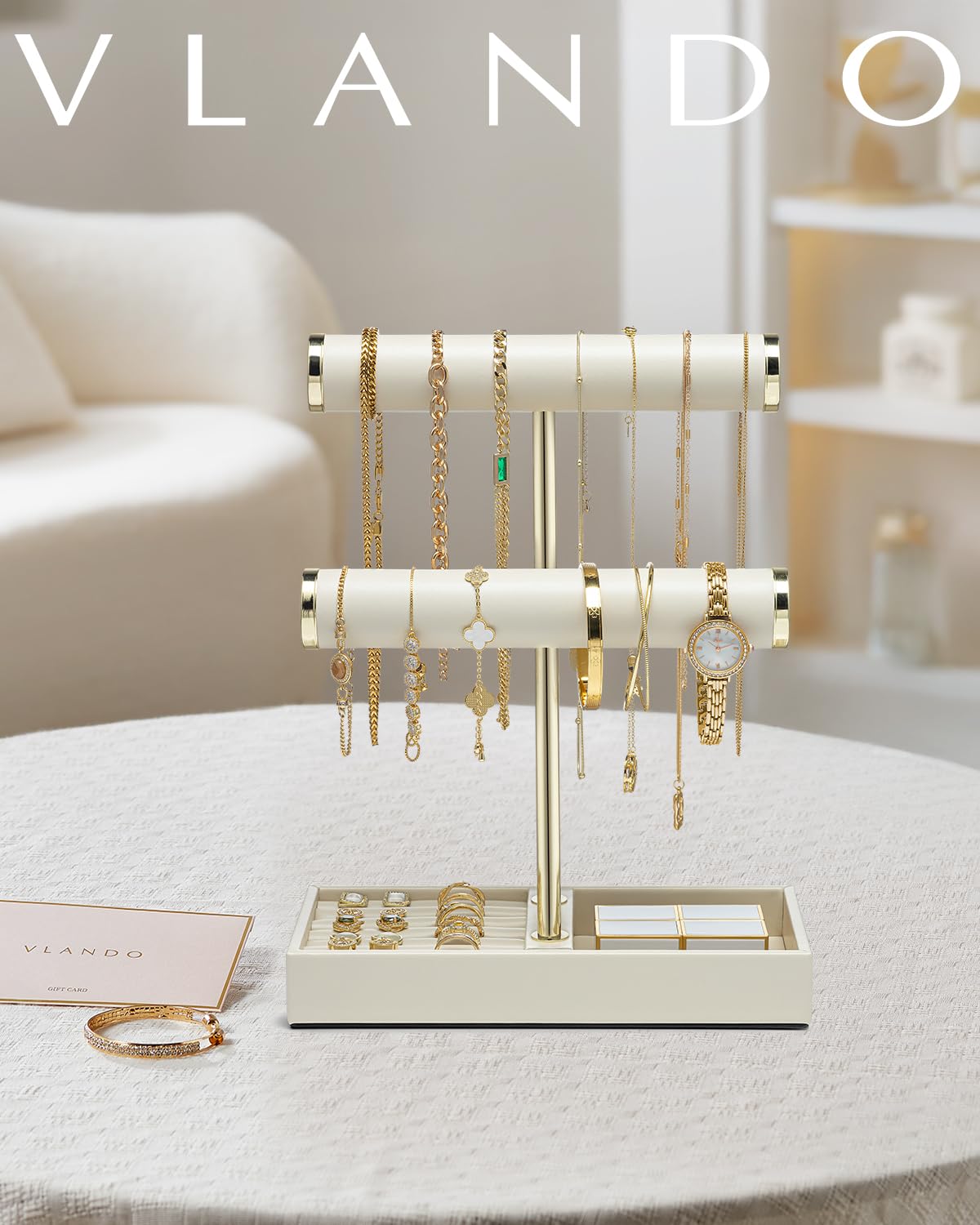 Vlando 2 Tier Bracelet Holder Display,Jewelry Stand Organizer with Ring Holder Tray,Jewelry Holder for Bracelet, Necklace, Watches, Rings,Beige