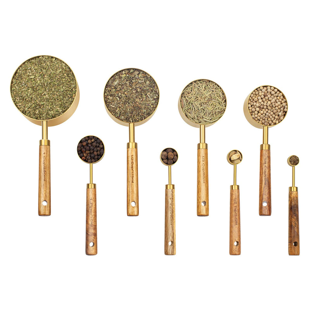 Muchtolove Measuring Cups and Spoons Set of 8, Golden Stainless Steel Measuring Cup with Wooden Handle, Kitchen/Food/Liquid/Baking (Gold)