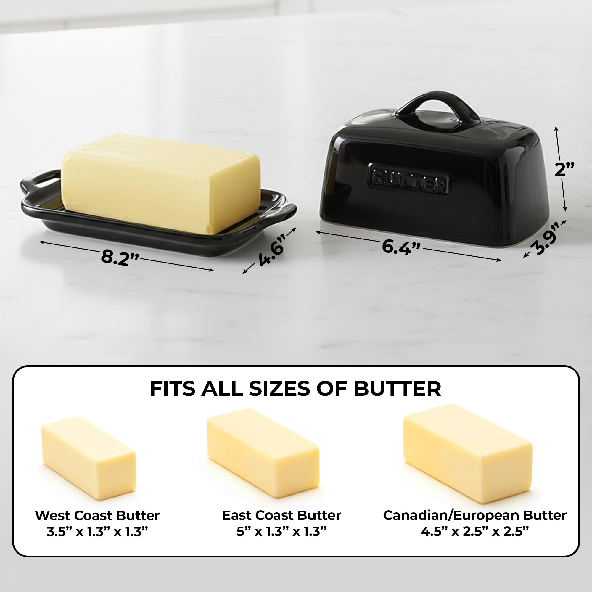 Zulay Kitchen Butter Dish with Lid – Large 1 lb Canadian Size, Black Porcelain Butter Tray & Butter Container for Countertop or Refrigerator - Black