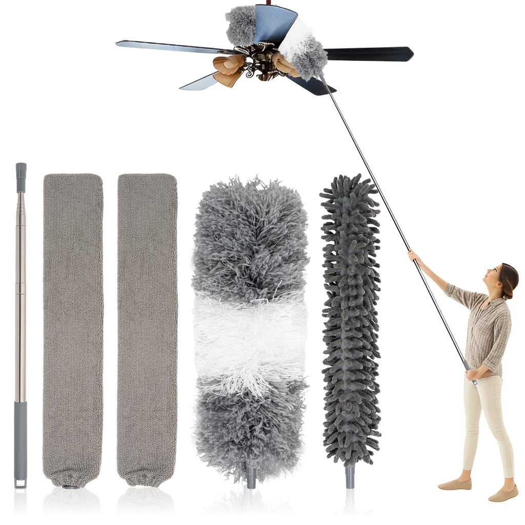 5 PCS Dusters for Cleaning, Extendable Duster Set with 100'' Telescopic Pole, Microfiber Feather Duster, Chenille Duster, Flat Dusting Pads for High Ceilings Fans Blinds, Furniture Cleaning Supplies