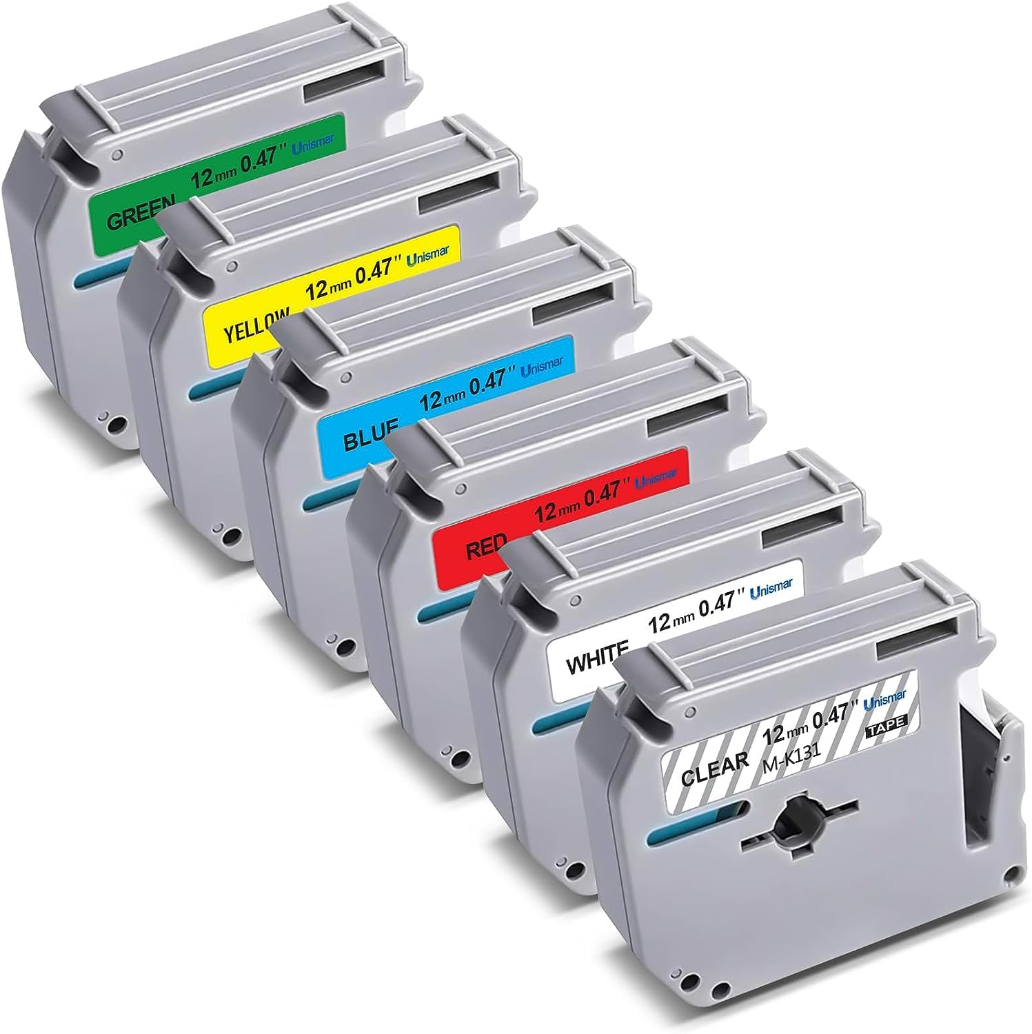 Unismar Compatible 12mm Label Tape for Brother M-Tape M-K131 M-K231 M-K431 M-K531 M-K631 M-K731 for PT-M95 PT-90 PT-85 PT-70BM PT-65 PT-70 PT-45 Label Maker, 1/2 inch, 6-Pack