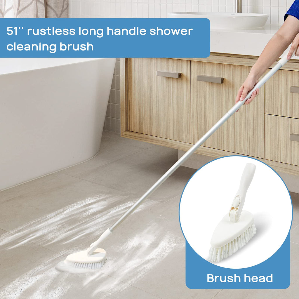 Qaestfy Shower Scrubber and Cleaning Brush Combo 51'' Aluminum Long Handle for Bathroom Bathtub Tub and Tile Scrubber Brush Deep Cleaning Model QAE002