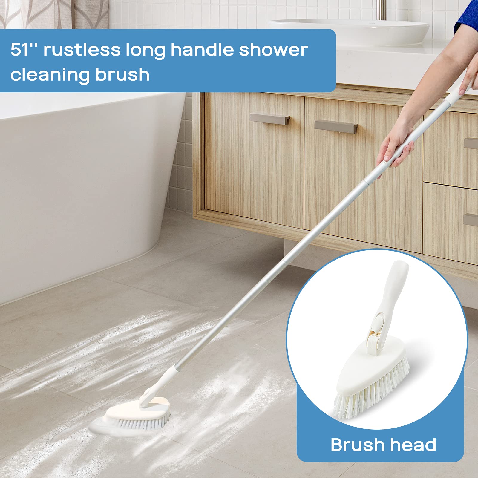 Qaestfy Shower Scrubber and Cleaning Brush Combo 51'' Aluminum Long Handle for Bathroom Bathtub Tub and Tile Scrubber Brush Deep Cleaning Model QAE002