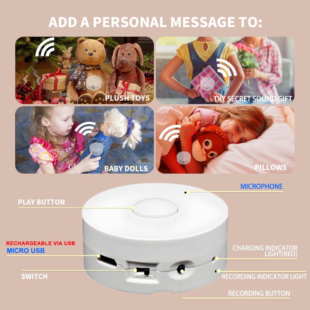XLW 195 Seconds Message Voice Recorder, Voice Recording Button Record Custom Messages for Crafts, Stuffed Bear, Baby Doll,Pillow and Xmas Halloween New Year Birthday Presents White-2P