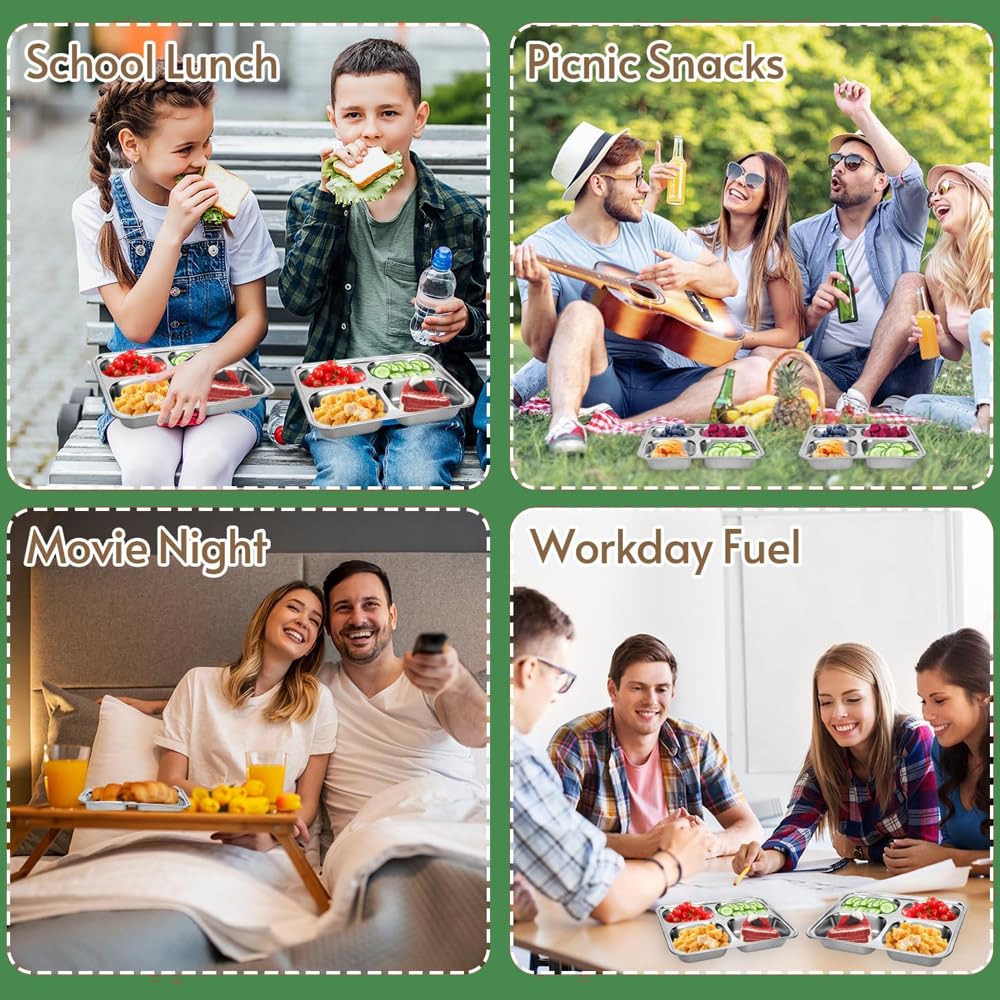 3 Pack Stainless Steel Snack Containers with Lids,4 Compartments Stainless Steel Lunch Box,Reusable Meal Prep Lunch Containers for Kids Adults, Divided Food Storage Containers for School Home Travel