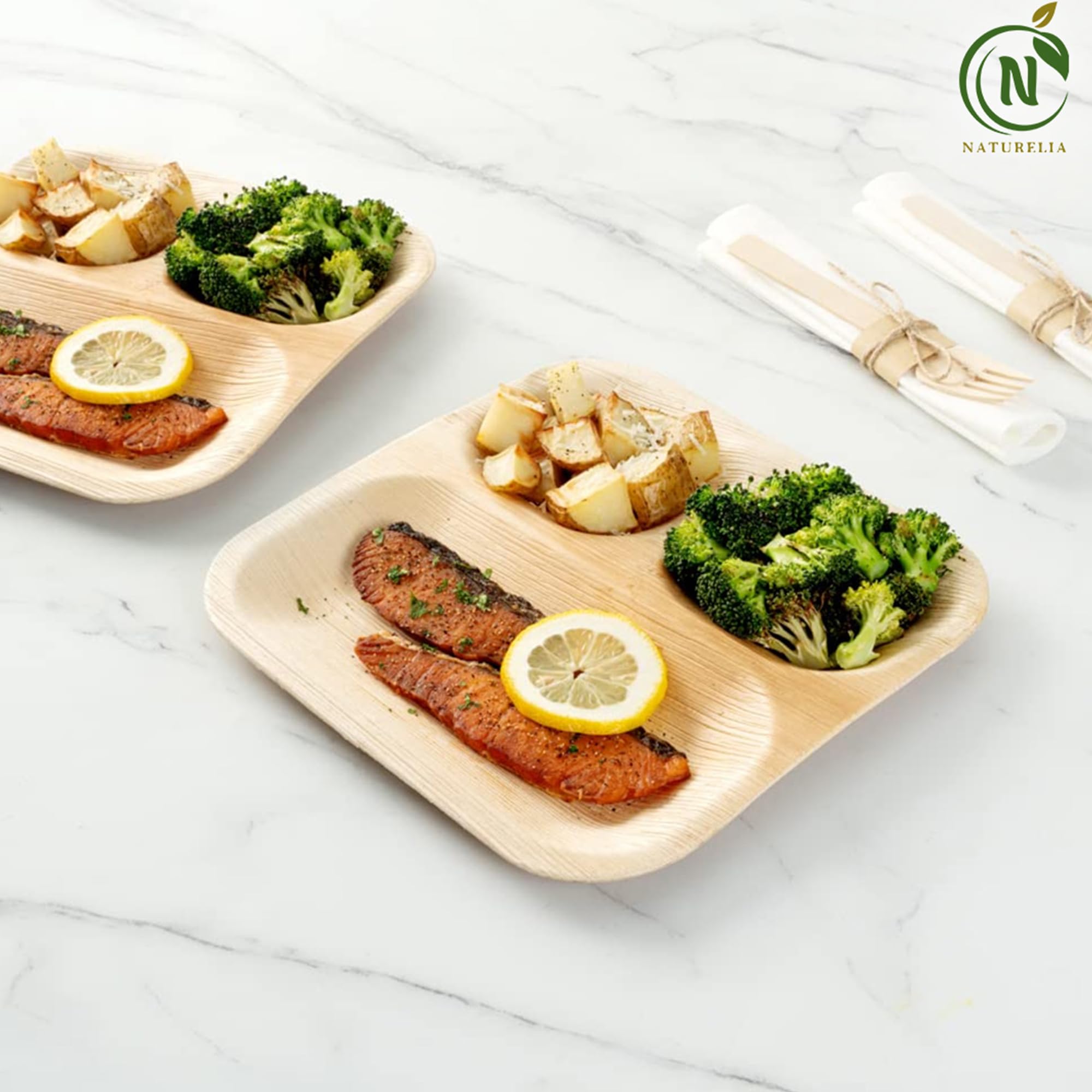 Naturelia Areca Square 9-Inch Plate with 3 Partitions- Eco-Friendly, Biodegradable, Microwave & Oven Safe- Sustainable & Natural Cutlery Ideal for Weddings, Parties, Events