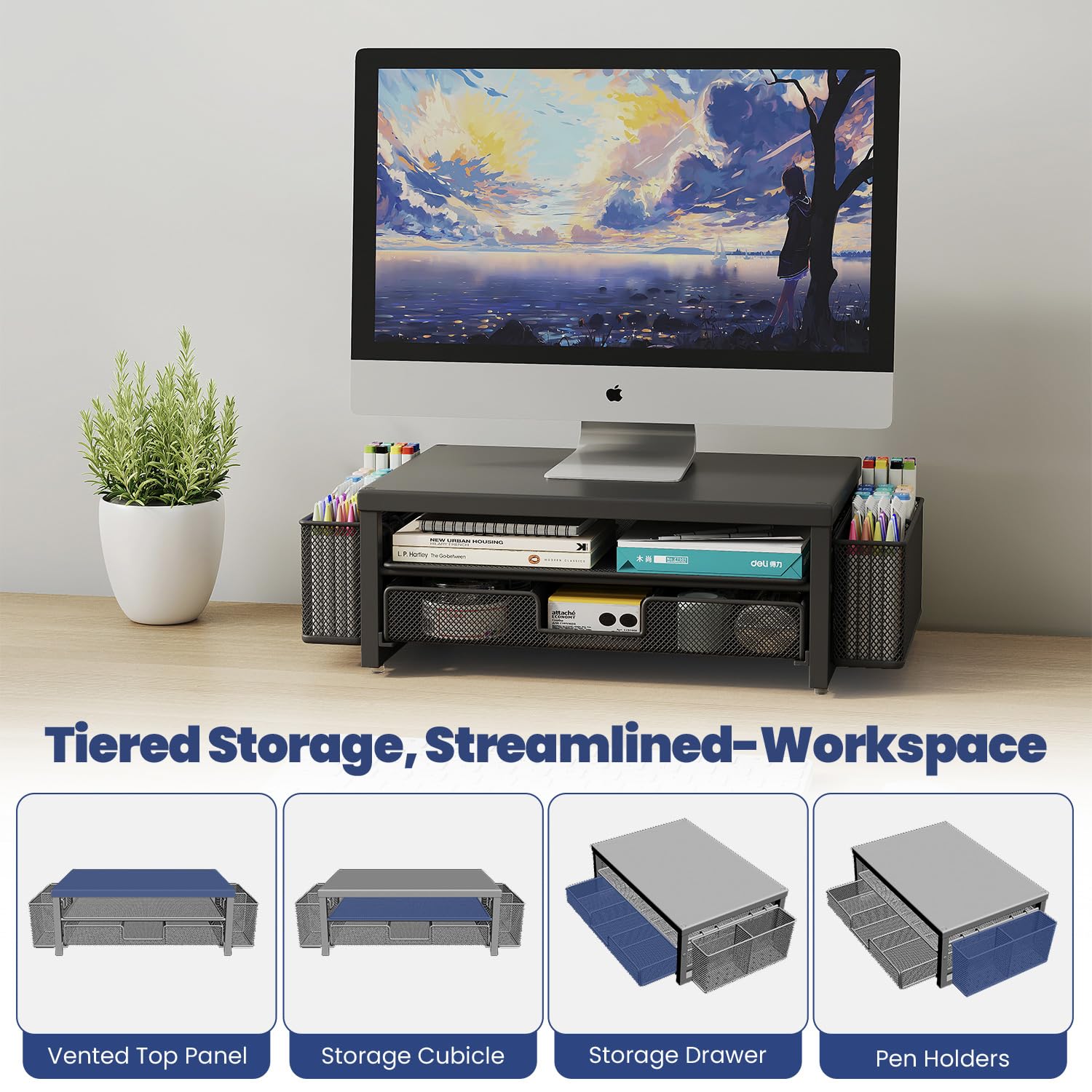 2 Tier Monitor Stand Riser with Drawer & 2 Pen Holders Storage for Desktop, Metal Computer Desk Organizer Stand for Laptop, Computer, iMac(Black)