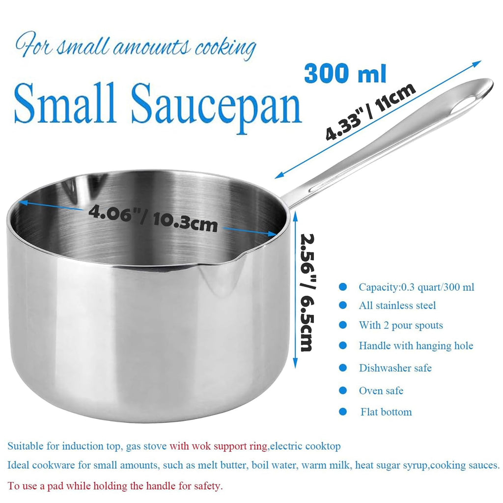 BOHK 0.3 Quart Small Stainless Steel Saucepan Nonstick Sauce Pan Handy Butter Warmer Pot with Pour Spout (300 ml)