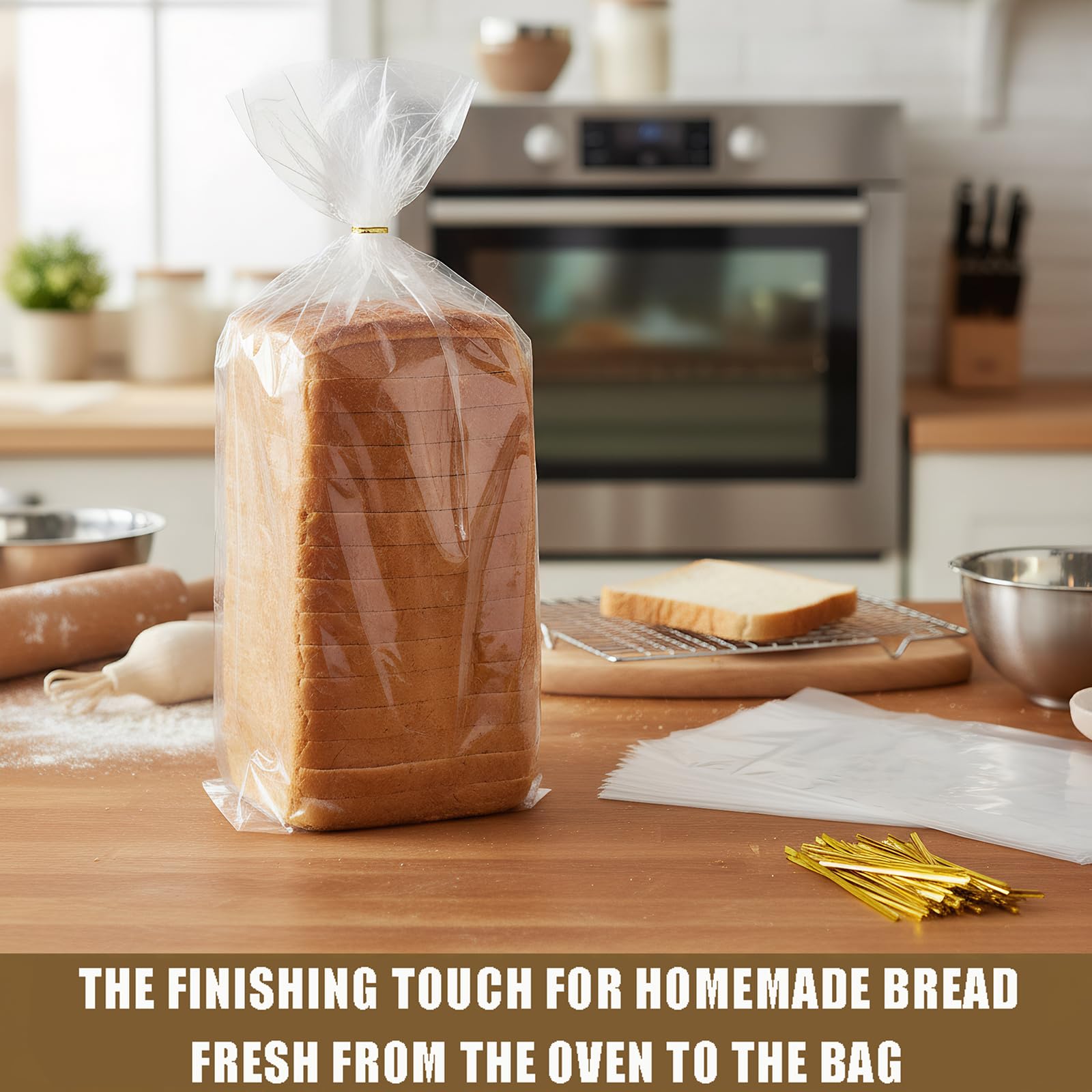 Nicunom 300 Pack Bread Bags with Ties, 18x4x8 Inches Reusable Plastic Bread Bags Clear Bread Loaf Storage Bags for Homemade Bread Bakery, Bread Wrappers Packaging