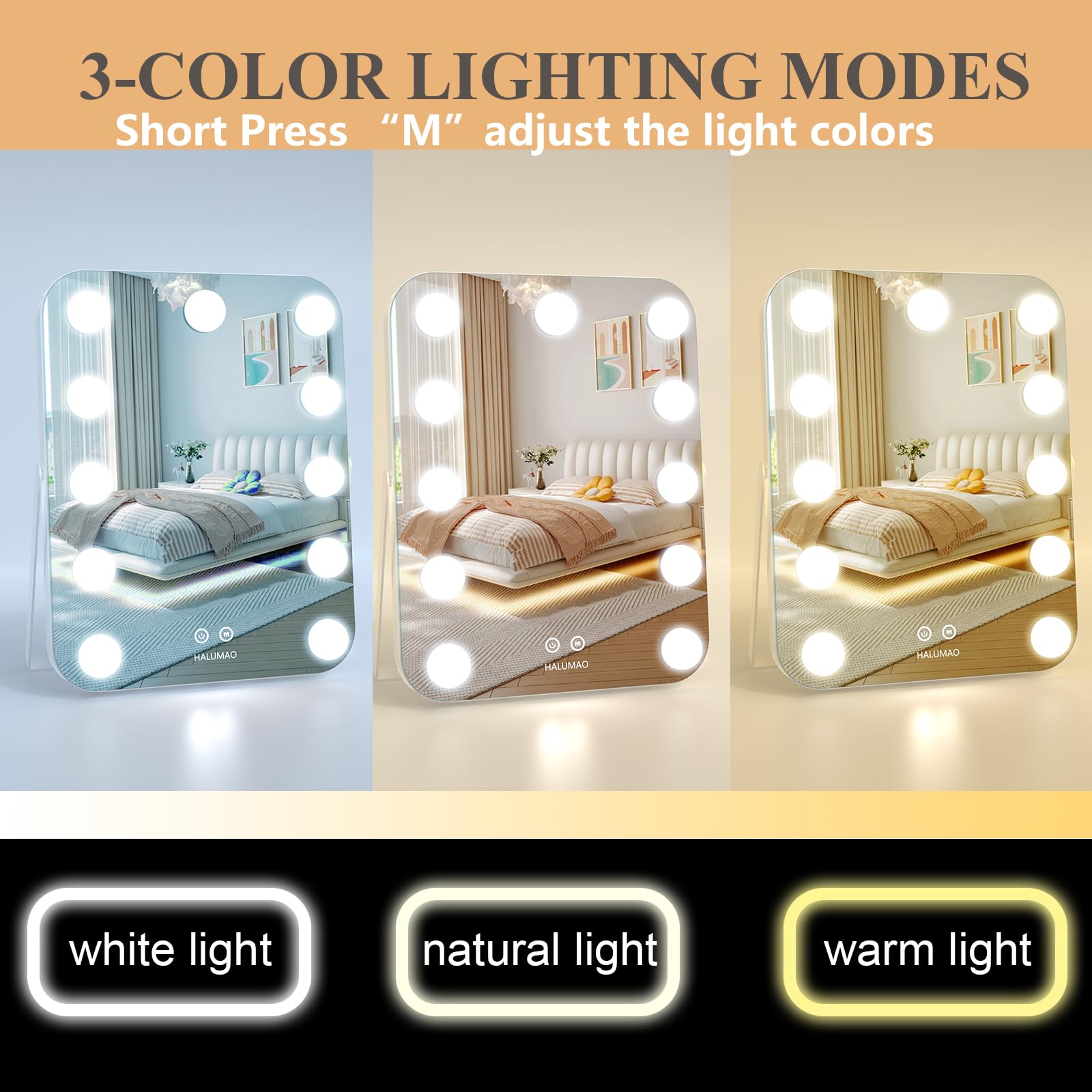 14.6" Vanity Makeup Mirror with Lights, Hollywood Mirror with 11 Dimmable LED Bulbs,3 Color Modes,Touch Control