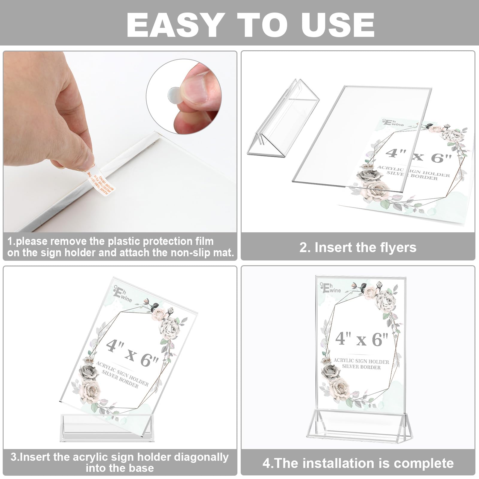 EHWINE 12 Pack Acrylic Sign Holder 4 x 6, Double Sided Silver Picture Frame Stand up Table Top Sign Holders, Clear Display Stand Menu Flyer Holder for Wedding Party(Provide Non-slip Mats)