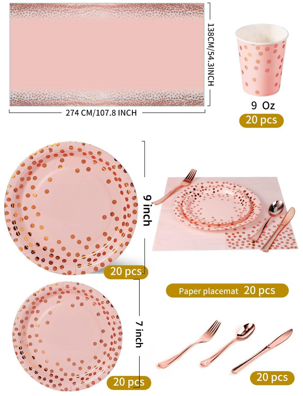 Nkaiso 141 Pieces Pink and Rose Gold Party Supplies, Party Dinnerware Sets Include Paper Plates Napkins Cups Silverware, for Wedding Bridal Shower Engagement Birthday Parties Decoration -20 Serves