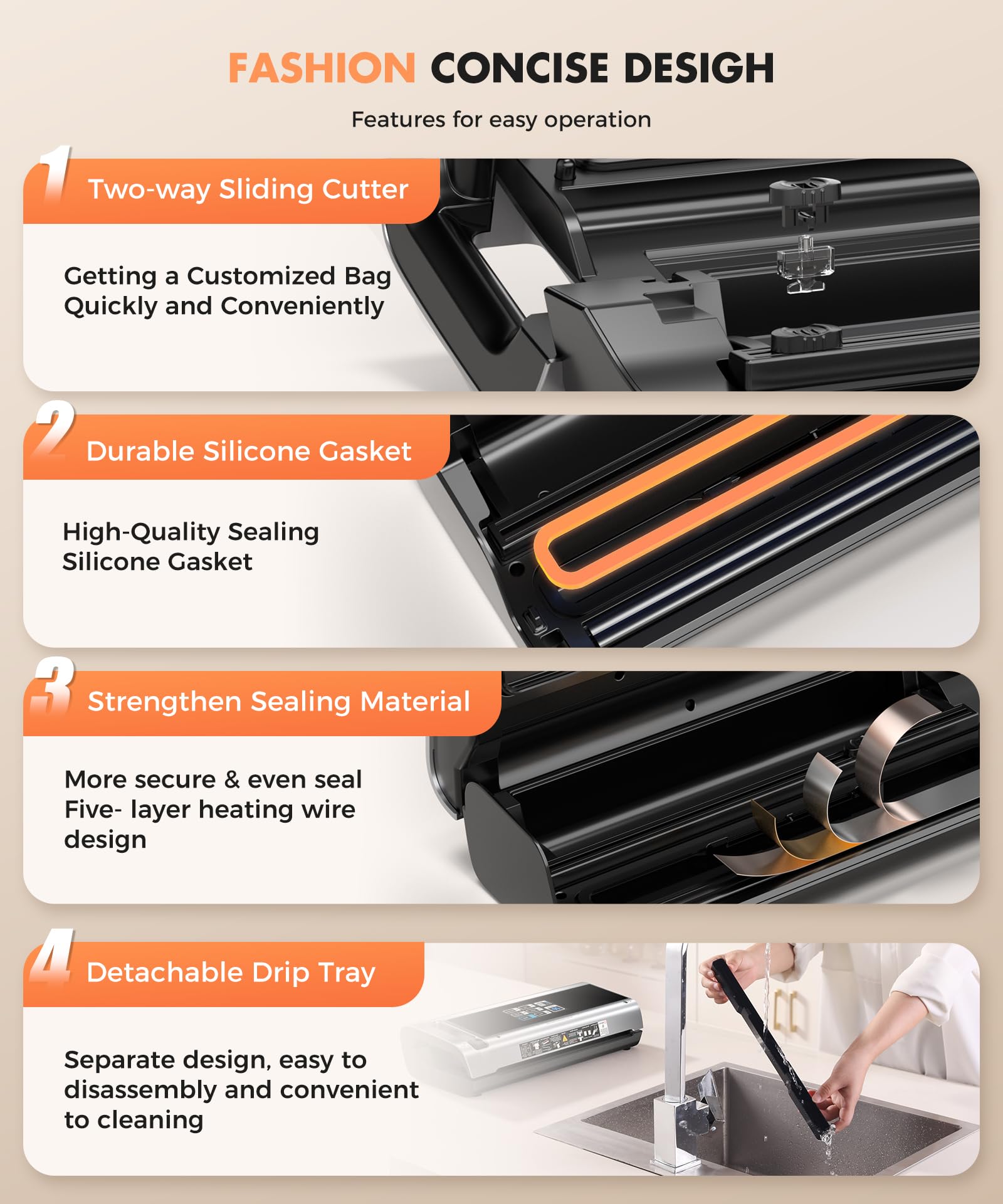 90KPa Portable Vacuum Sealer Machine for Food, One-Touch Open Lid, Detachable & Easy to Clean, Vertical Placement Saves Space, Powerful Suction for Freezer Bags & Food Storage