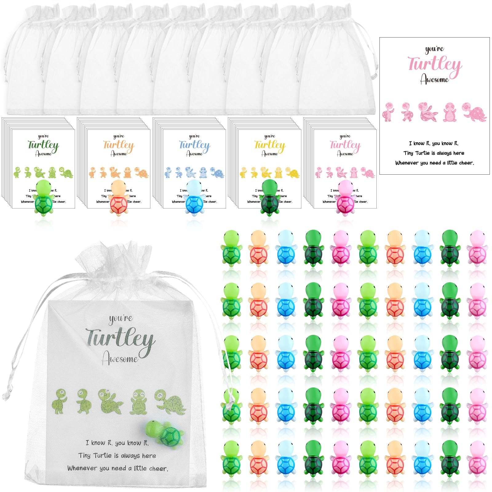 50 Sets You're Turtley Awesome Inspirational Gift 50 Turtle Greeting Cards Mini Sea Turtle Figure and Organza Bag Inspirational Employee Appreciation Gift Employee for Coworker Teacher Team Volunteer