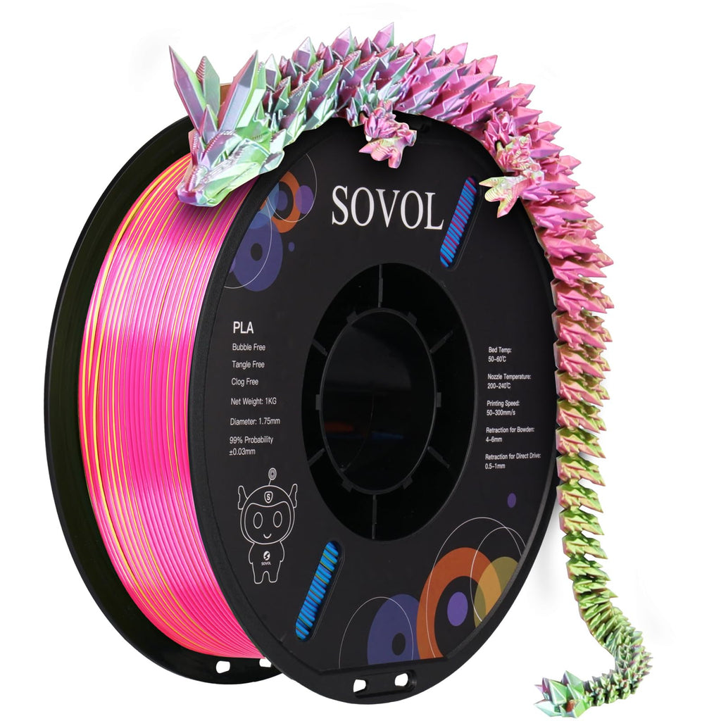 Sovol PLA Filament Silk Tri Color Co-Extrusion 1.75mm, 3D Printer Filament 1kg/ 2.2lbs, Shiny Silk Rose Blue Yellow 3 in 1 Coextrusion PLA Material +/-0.03mm