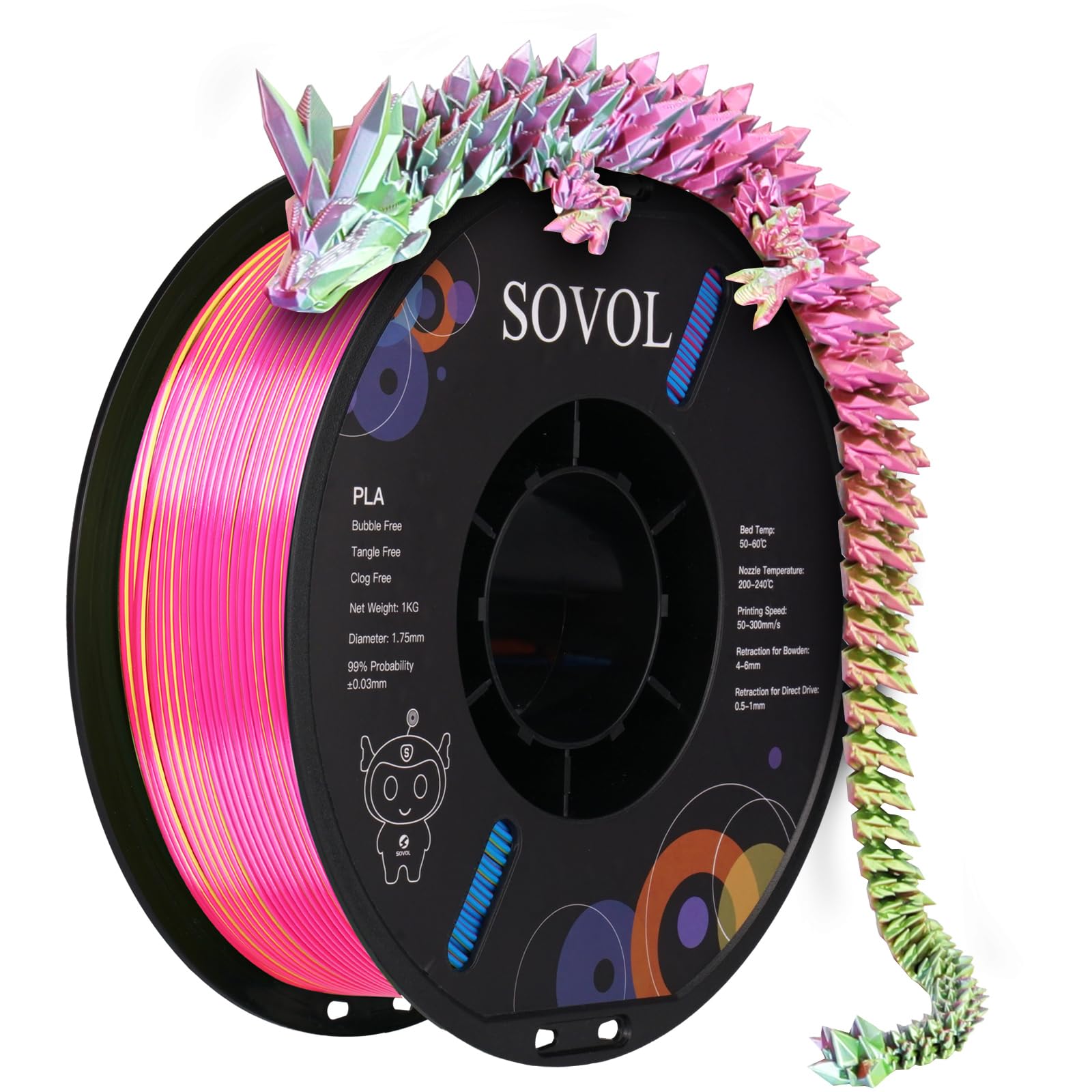 Sovol PLA Filament Silk Tri Color Co-Extrusion 1.75mm, 3D Printer Filament 1kg/ 2.2lbs, Shiny Silk Rose Blue Yellow 3 in 1 Coextrusion PLA Material +/-0.03mm