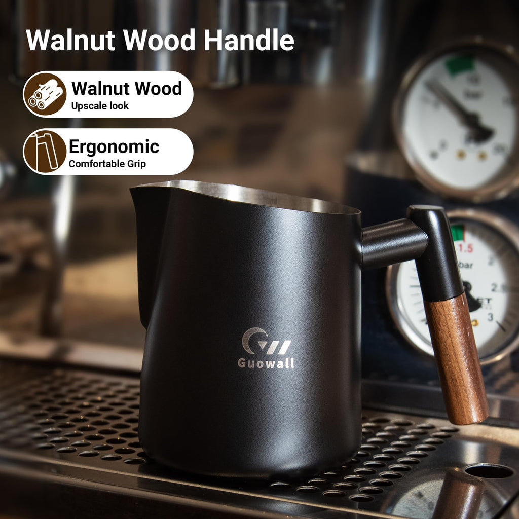 Guowall Milk Frothing Pitcher Stainless Steel Espresso Steaming Pitcher for Cappuccino Latte Art 14 oz (420 ml) Milk Jug Coffee Frother Cup with Wooden Handle - Black