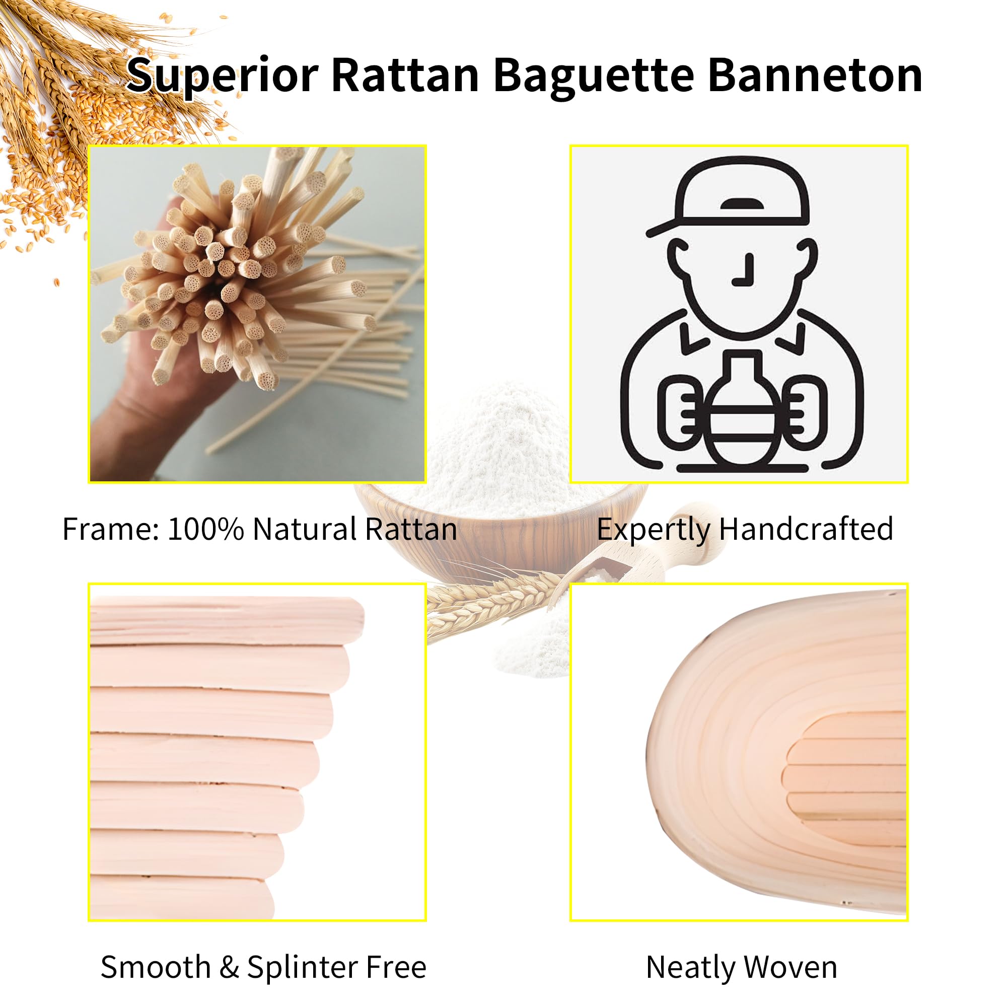 Banneton Bread Proofing Basket - 15 Inch Baguette Sourdough Bread Basket with Liner - Set of 2- Natural Rattan