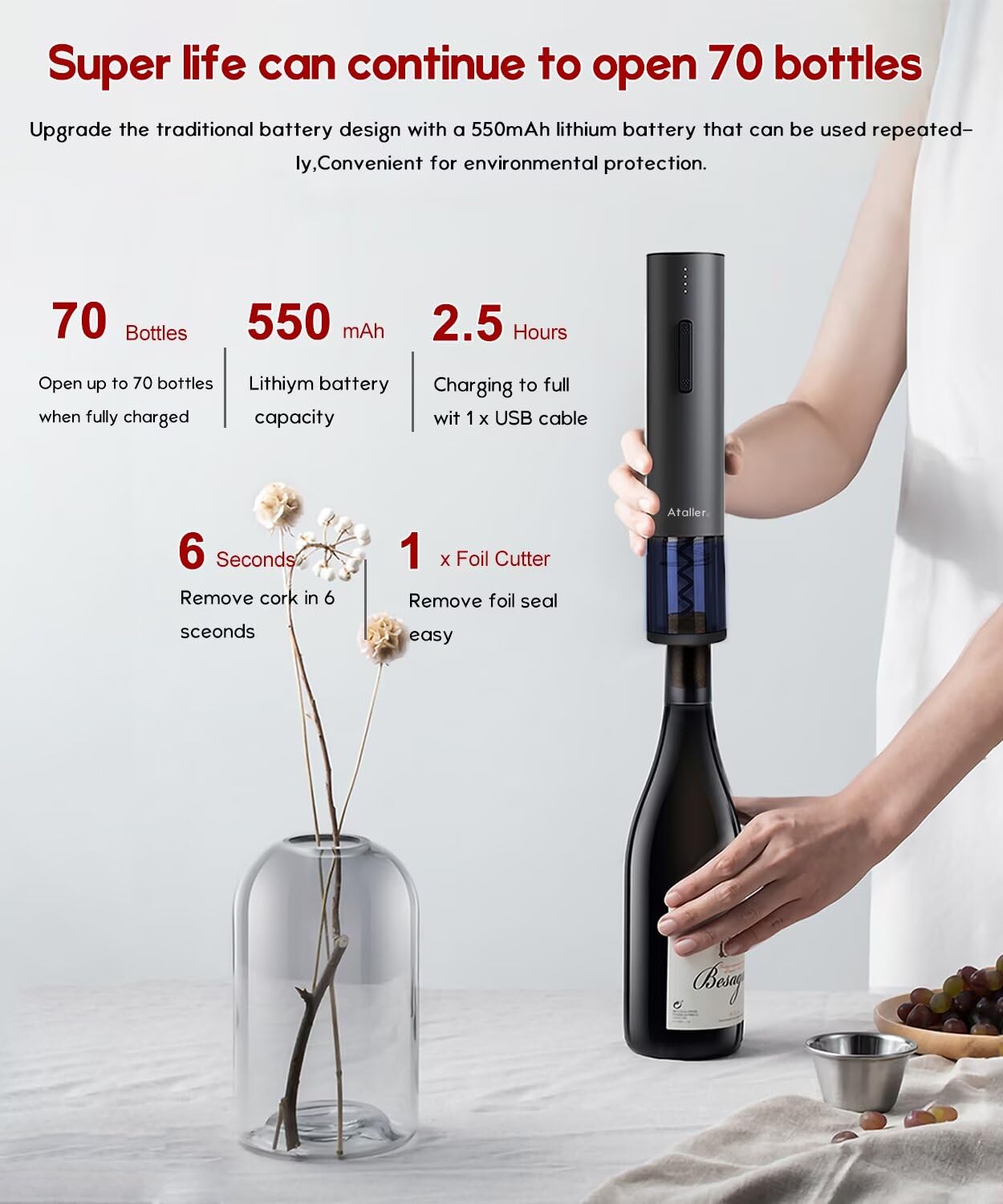 Ataller Rechargeable Electric Wine Bottle Openers, Cordless Automatic Wine Corkscrews Opener with Foil Cutter and USB Charging Cable, Black