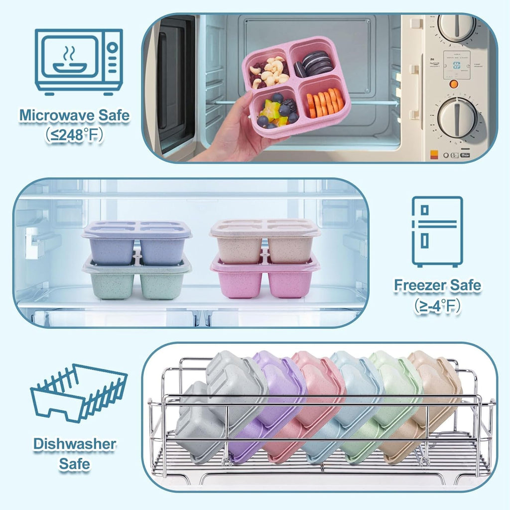 Jagney 4 Pack Bento Lunch Box, 4 Compartment Snack Containers, Divided Bento Snack Box, Work and Travel, Meal Prep Containers Kids/Toddle/Adults, Food Storage Containers for School.