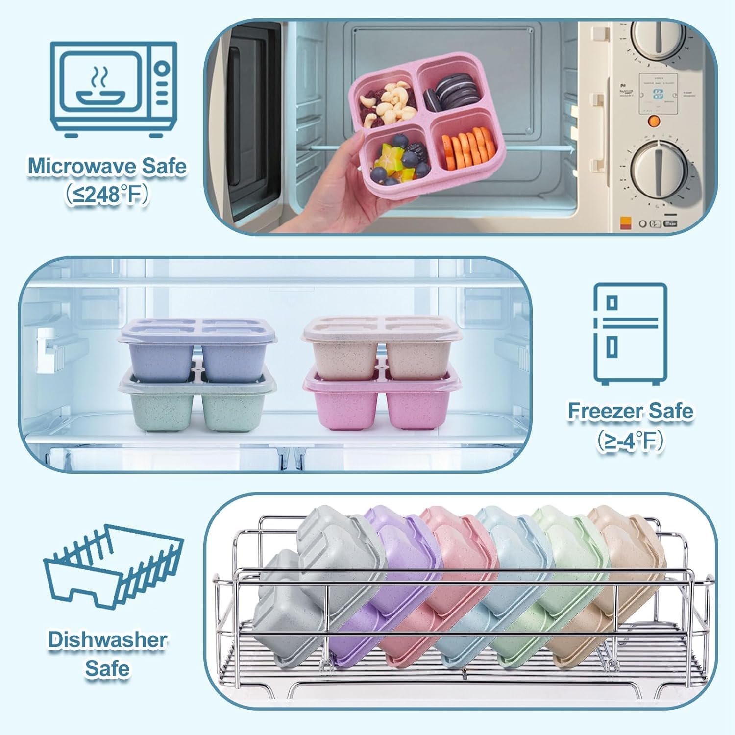 Jagney 4 Pack Bento Lunch Box, 4 Compartment Snack Containers, Divided Bento Snack Box, Work and Travel, Meal Prep Containers Kids/Toddle/Adults, Food Storage Containers for School.