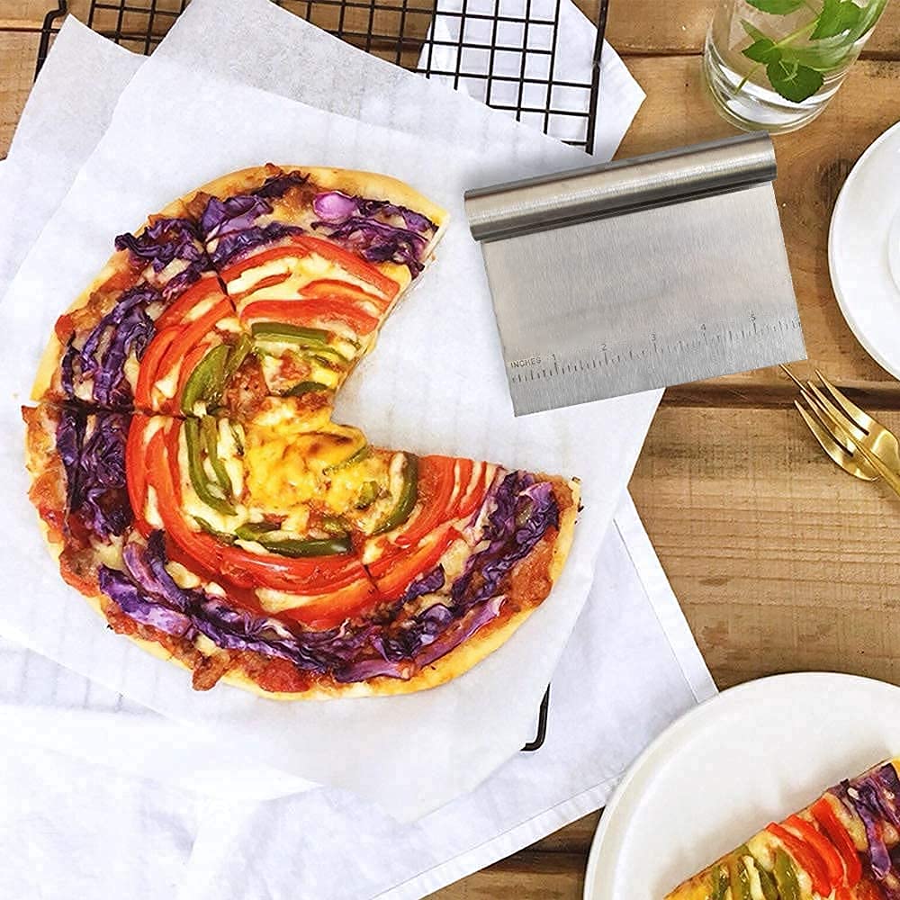 2 Pack Dough Scraper, Stainless Steel Bench Scraper for Baking, Multi-Purpose, Dishwasher Safe, with Measuring Scale, Cut Dough Bread Pastry Pizza Vegetables