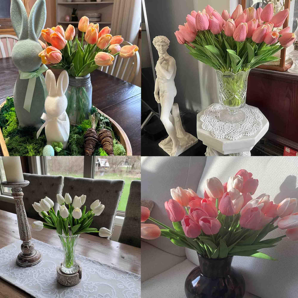 DecoForU 15 Pcs Artificial Flowers Tulips Real Touch Fake Flowers Tulips Flowers Arrangement Bouquet for Home Room Office Wedding Party Decoration(WH) (White)