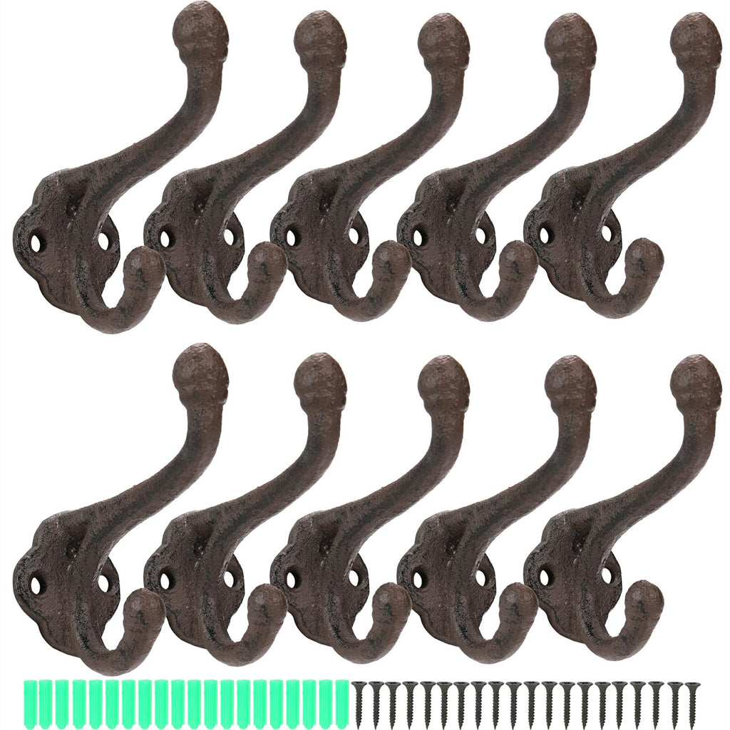 Peohud 10 Pack Cast Iron Coat Hooks, Rustic Wall Mounted Coat Hooks, Farmhouse Coat Hangers, Heavy Duty Cast Iron Hooks, Double Rustic Wall Hooks for Hanging Coats, Bags, Caps, Hats, Towels, Keys