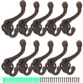 Peohud 10 Pack Cast Iron Coat Hooks, Rustic Wall Mounted Coat Hooks, Farmhouse Coat Hangers, Heavy Duty Cast Iron Hooks, Double Rustic Wall Hooks for Hanging Coats, Bags, Caps, Hats, Towels, Keys