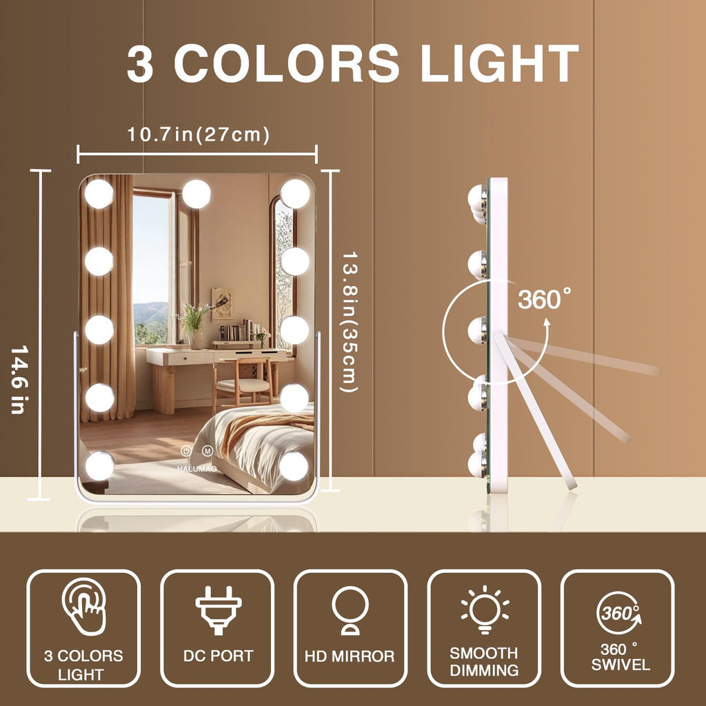 14.6" Vanity Makeup Mirror with Lights, Hollywood Mirror with 11 Dimmable LED Bulbs,3 Color Modes,Touch Control