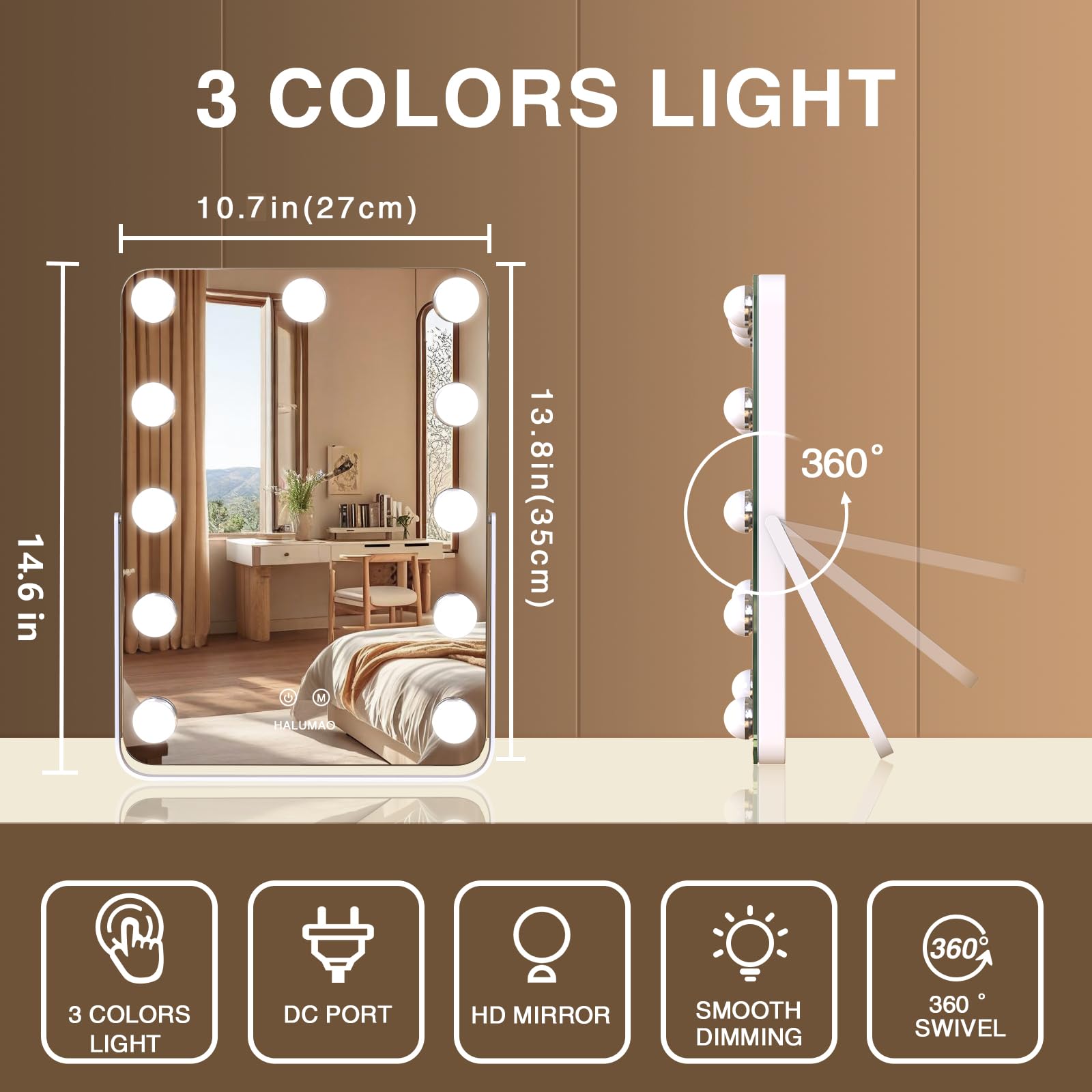 14.6" Vanity Makeup Mirror with Lights, Hollywood Mirror with 11 Dimmable LED Bulbs,3 Color Modes,Touch Control