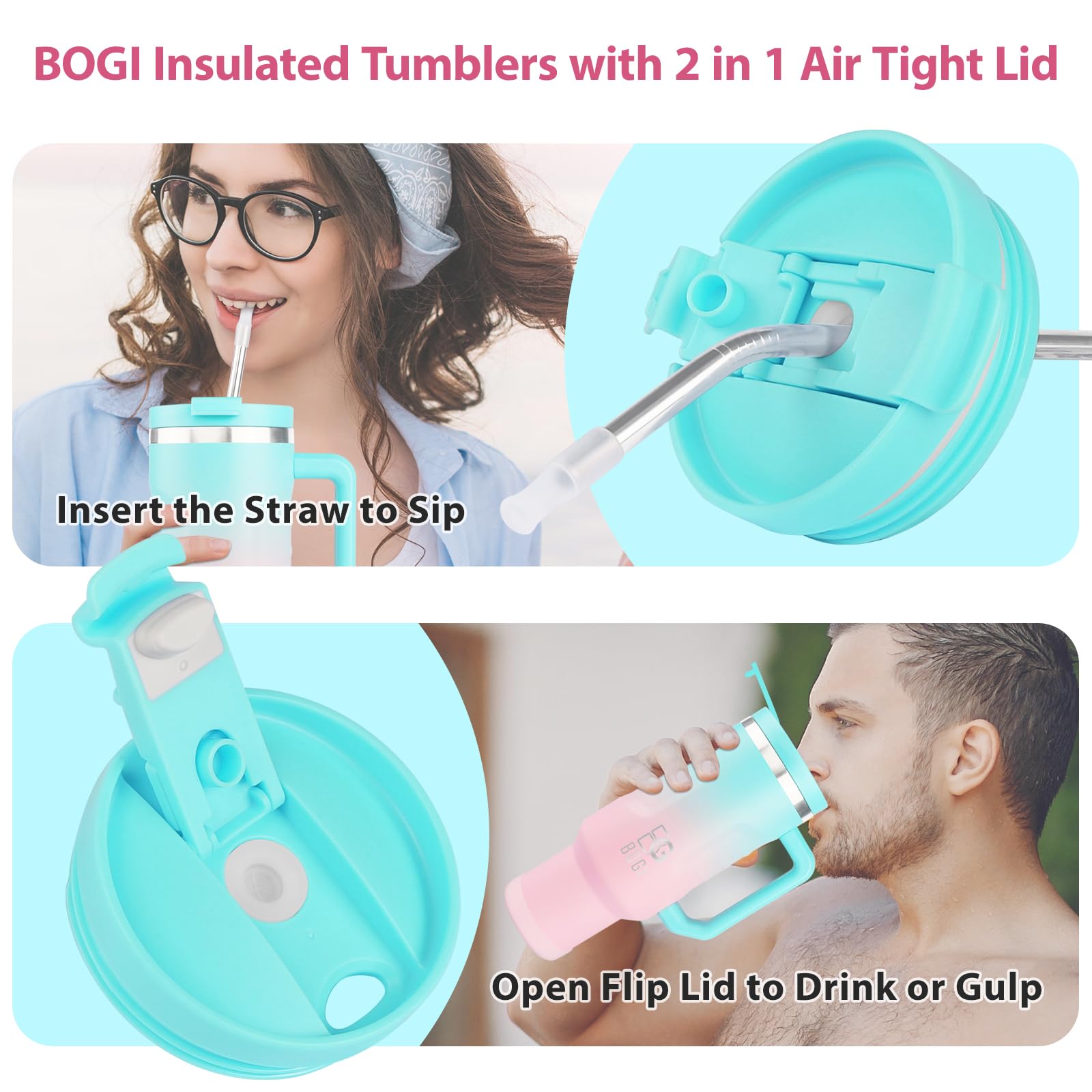 BOGI 40oz Tumbler with Straw and Lid, Insulated Tumbler with Handle for Hot and Cold Drinks Double Wall Stainless Steel Tumbler with 2 in 1 Air Tight Lid Leak Proof Travel Mug | Sky Blue Pink