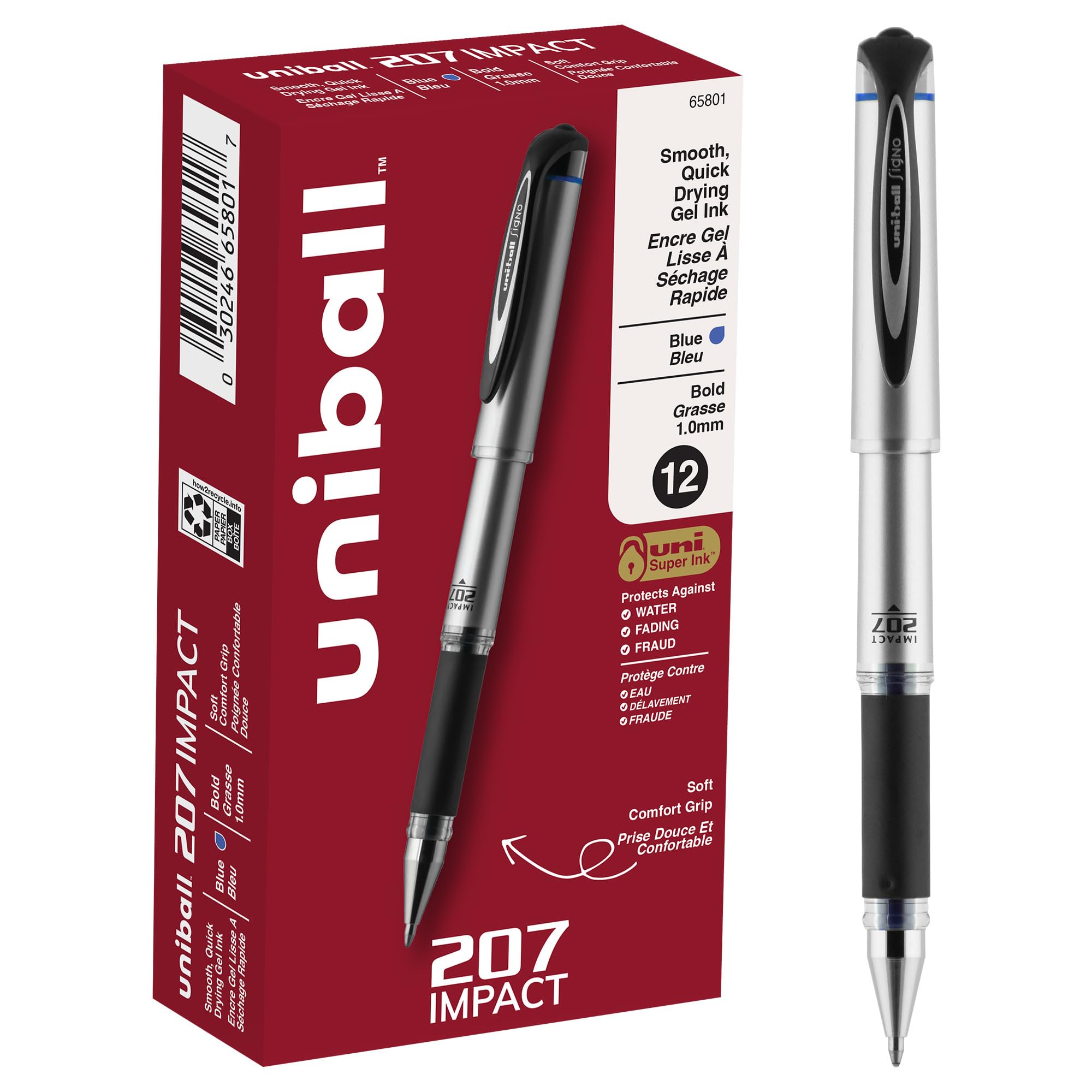 uni-ball Gel Impact Rollerball Gel, Stick Roller Ball Pen Bold-1.0mm, 12 Pack, Blue Ink (65801)