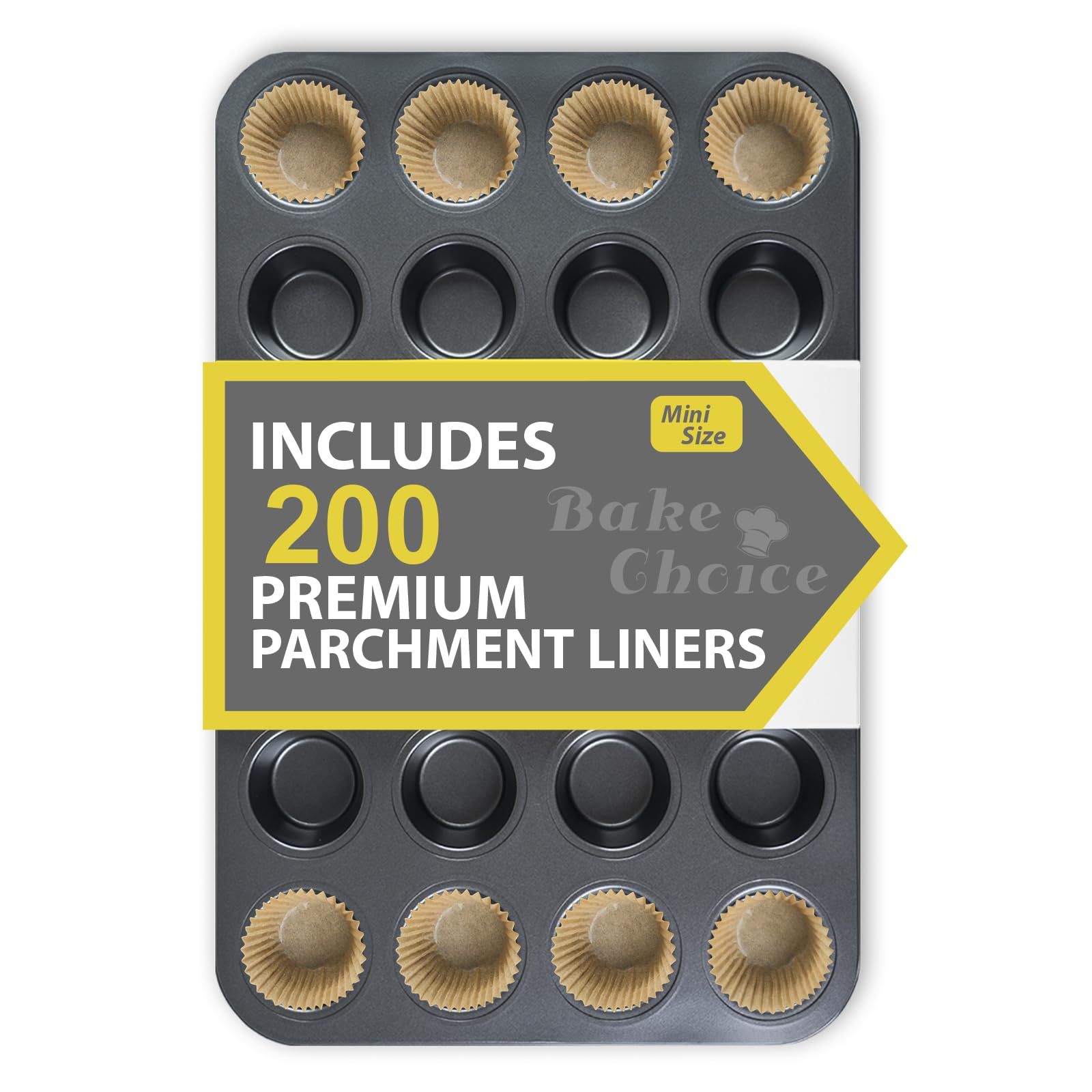Bake Choice Mini Muffin Pan Includes 200 Cupcake Liners, Muffin Pan, Mini Cupcake Pan, 24 Cup Carbon Steel Muffin Tin for Baking