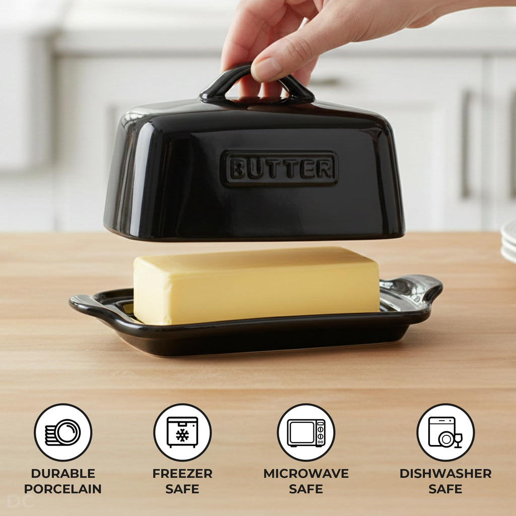 Zulay Kitchen Butter Dish with Lid – Large 1 lb Canadian Size, Black Porcelain Butter Tray & Butter Container for Countertop or Refrigerator - Black