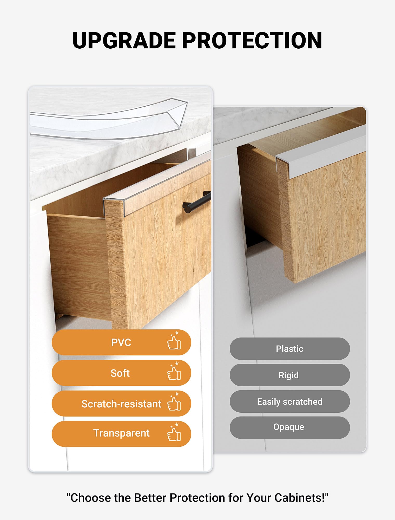 SARDVISA 17.5" Soft Cabinet Door Protector, Transparent Trimable PVC Edge Guard, Snugly Fit Slip On Bumper for Kitchen Cabinets, Prevents Wear, Chipping & Discoloration, 3/4" Thick, 4 Packs