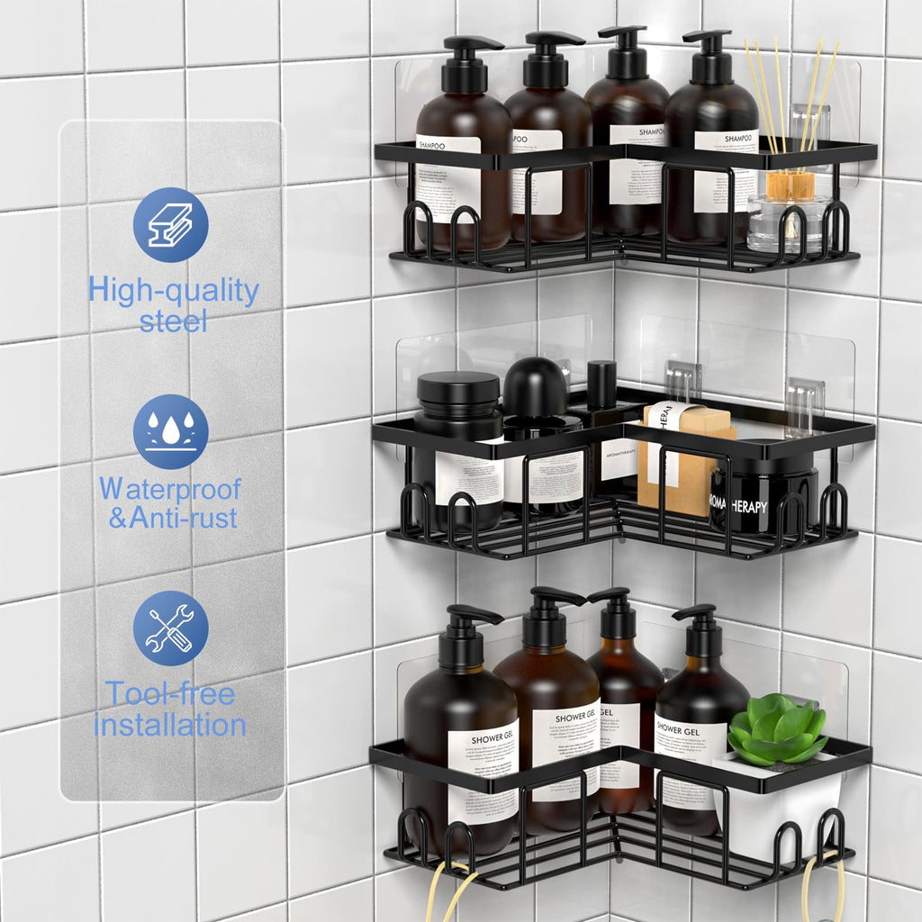 LOOBOV Shower Caddy Corner, Rustproof Shower Shelves, Bathroom Caddy No Drilling, Bathroom Organizers/Storage with Hooks (3 Pack- Black)