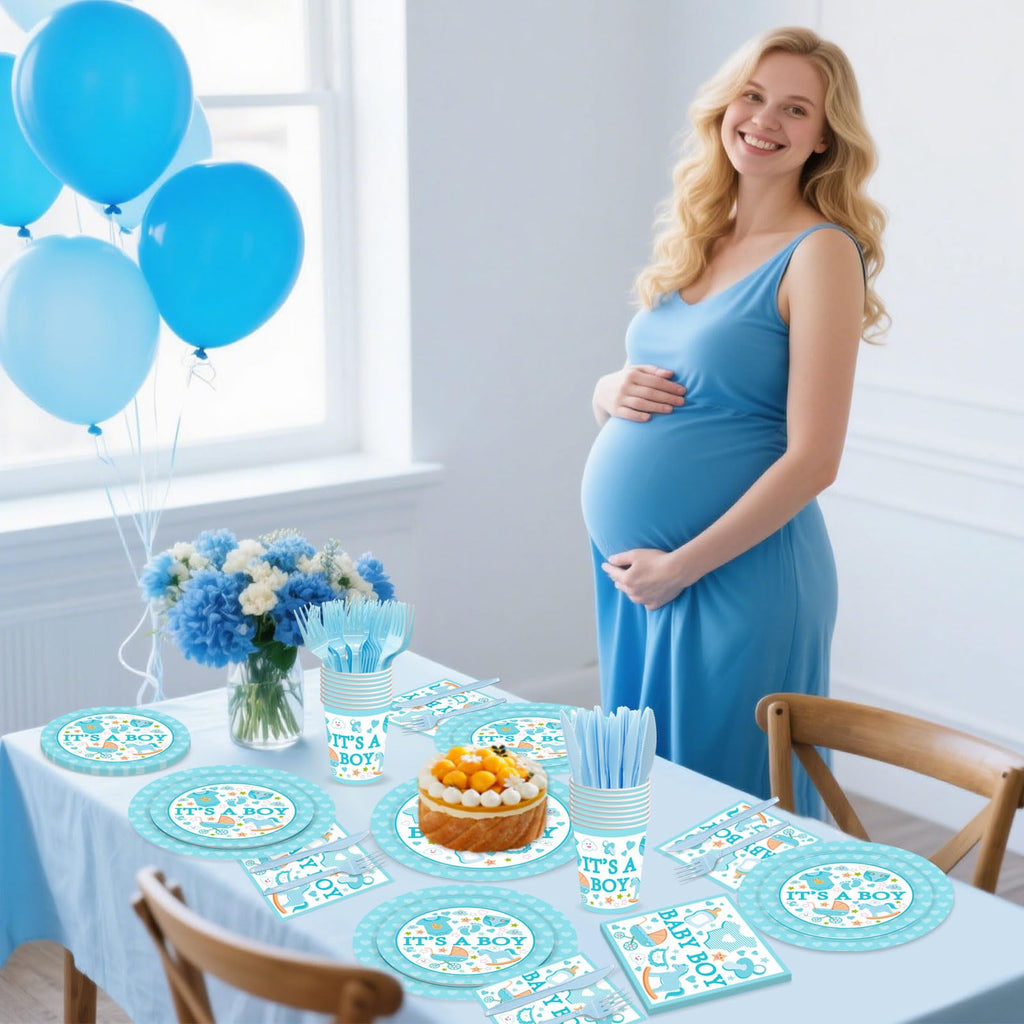 Poqirzan 144PCS Gender Reveal Party Supplies Baby Shower Plates and Napkins Tableware Sets for Boy Baby Shower Party Decorations Including Paper Cartoon Plates Napkins Cups Forks Serve 24