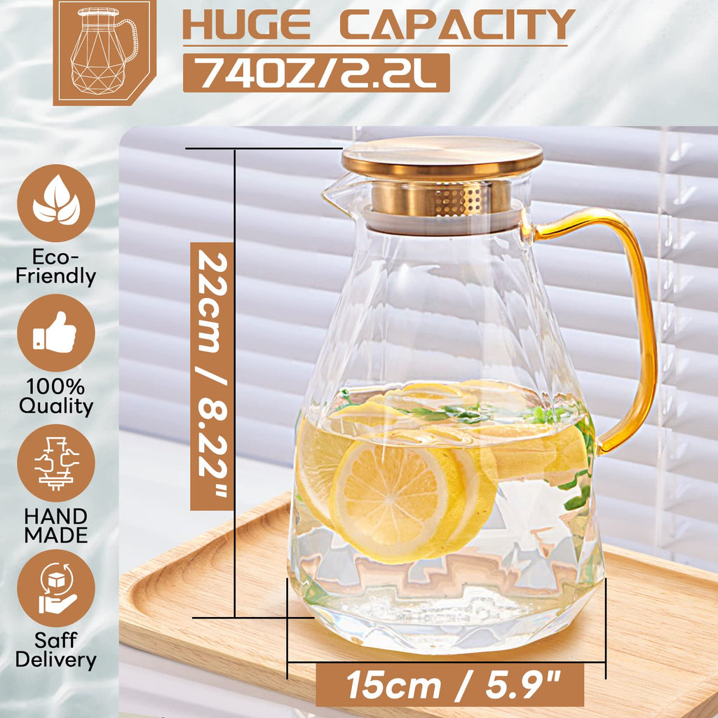 Yirilan Glass Water Jug, Glass Pitcher with Lid 74OZ/2.2L Water Pitcher with Lid Handle, Juice Pitcher Jug, Carafe