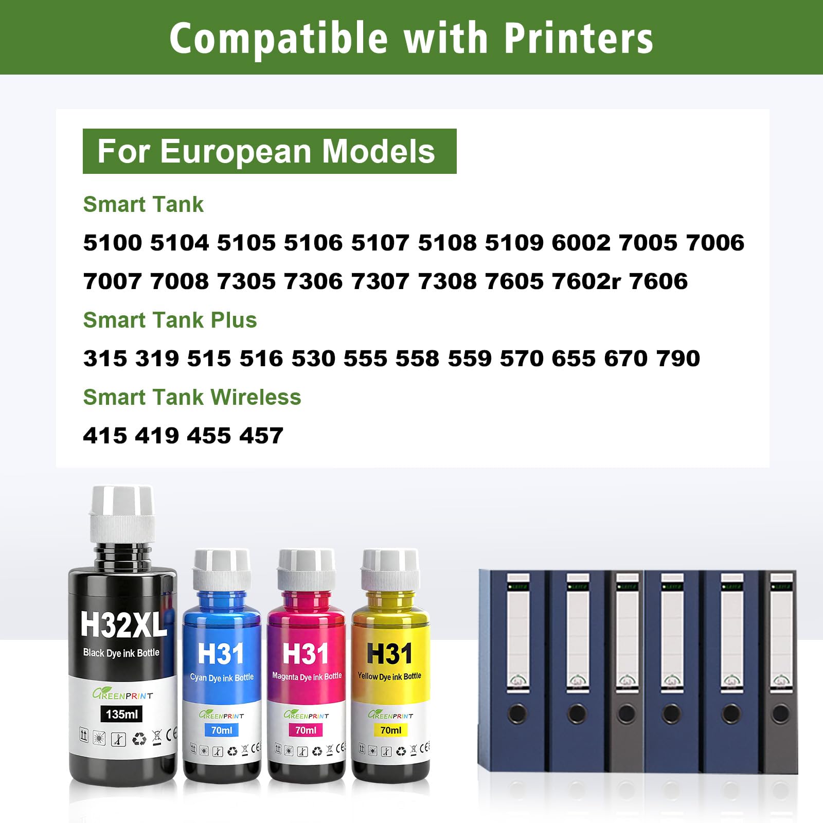 GREENPRINT 31 32XL Compatible Ink Bottle 6000 Page Black, 8000 Page CMY for Smart Tank 5000 5100 5101 5102 5103 5104 6001 6002 7001 7002 7301 7302 7602 Plus 551 570 578 651 Printer 4 Pack