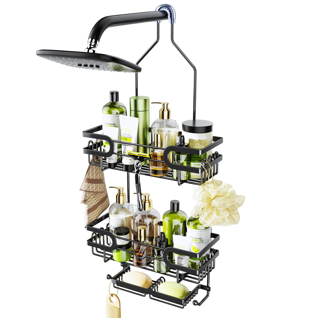 HapiRm Shower Caddy Hanging No Drilling, 3 Tier Over Head Shower Shelves, Shower Organizer Hanging with 2 Soap Holder & 12 Hooks, Bathroom Shelf for Shampoo, Soap, 12.6 x 4.7 x 28.3in