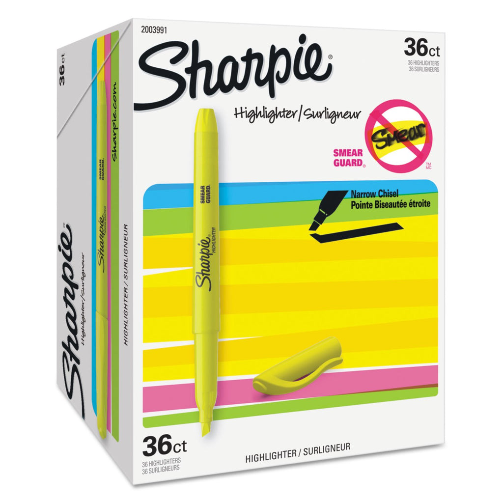 Sharpie Pocket Highlighters, Narrow Chisel Tip, Yellow, 36 Count