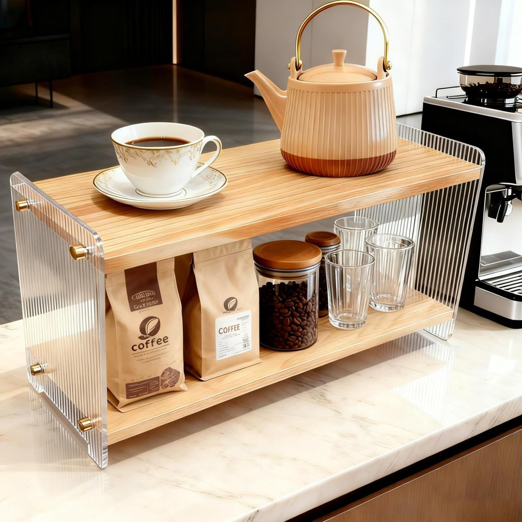 Coffee Station Organizer 2 Tier,Solid Wood Mug Shelf for Coffee Bar,Matcha Station,Tea Storage -2 Tier Countertop Coffee Bar Stand Holds Mugs,Beans,Syrup,Cups (Vertical Grain, 15.4"L x 5.7"W x 8.2H)